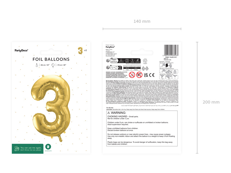 Balon foliowy Cyfra 3 jasny złoty z bliska