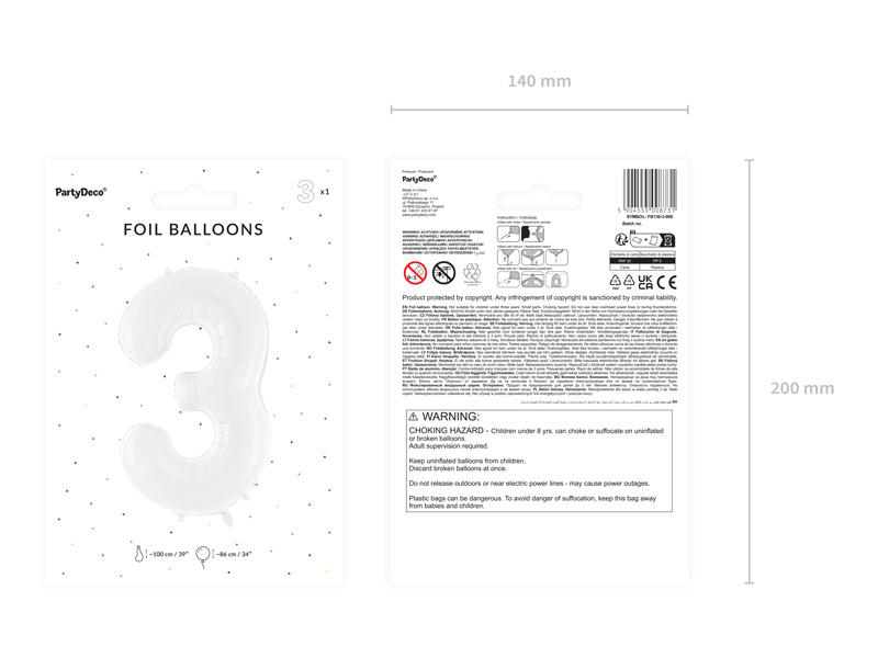 Balon foliowy cyfra 3 biały 86 cm - zdjęcie 2