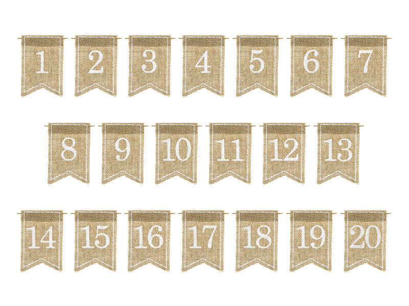 Jutowe numery na stół - zestaw 20 sztuk na sznurku
