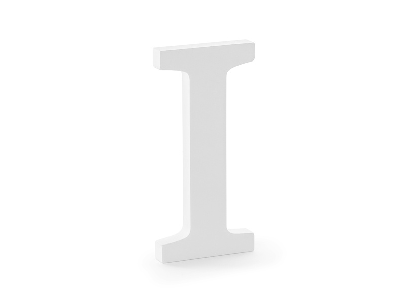 Drewniana litera I, biały – widok z boku