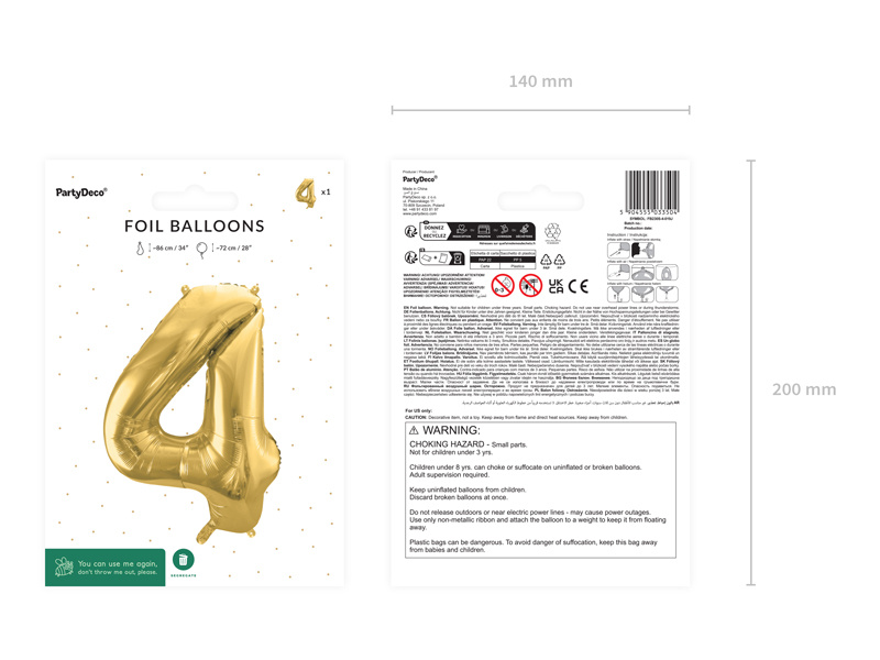 Zbliżenie na balon foliowy cyfra 4 jasny złoty