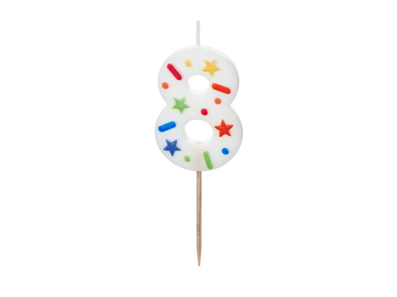 Świeczka urodzinowa Cyfra 8 biała konfetti 5,5cm