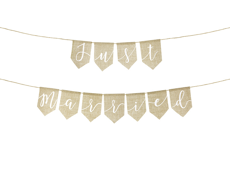 Baner Just married z juty – dekoracja ślubna