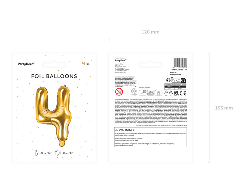 Balon foliowy cyfra 4 złoty - widok z boku