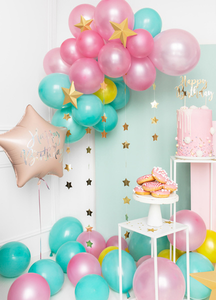 Balon foliowy Happy Birthday jasny pudrowy róż 40cm - detale i opakowanie