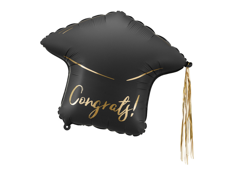 Balon foliowy czapka Congrats! w kolorze czarnym ze złotymi frędzlami