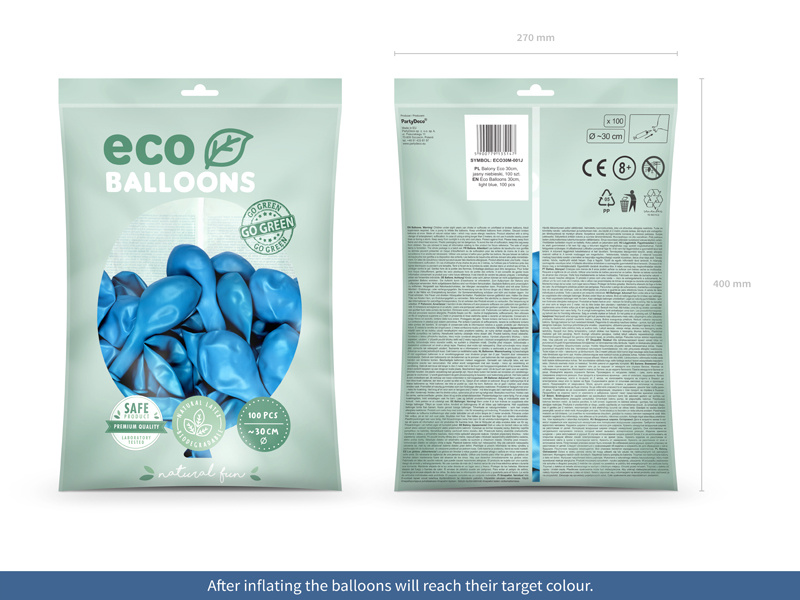 Balony Eco 30cm metalizowane jasny niebieski opakowanie