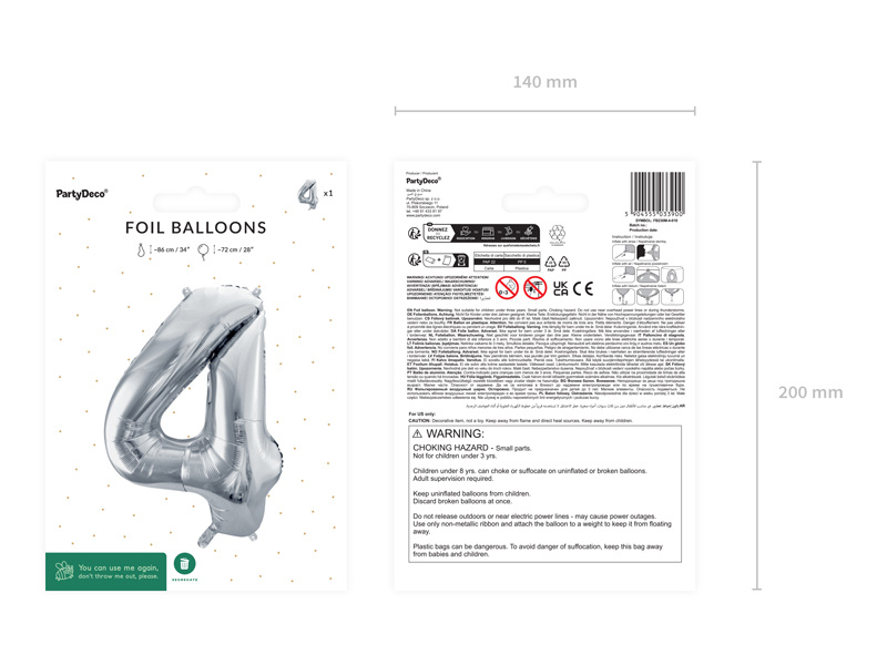 Balon foliowy cyfra 4 srebrny 72cm - zdjęcie 2