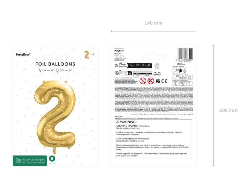 Balon foliowy Cyfra 2 jasny złoty z zestawem do napełniania