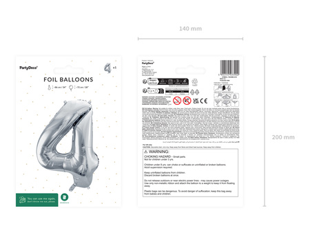 Balon foliowy Cyfra ''4'', 72cm, srebrny