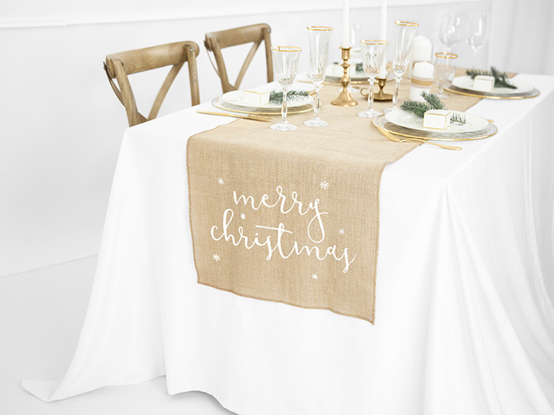 Bieżnik jutowy Merry Christmas biały 50x250cm - detal napisu
