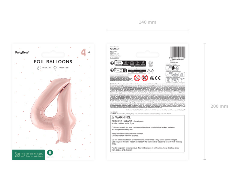 Balon foliowy cyfra 4 pastelowy róż