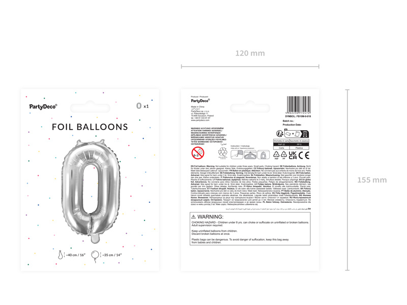 Balon foliowy Cyfra 0, 35cm, srebrny - zdjęcie 3