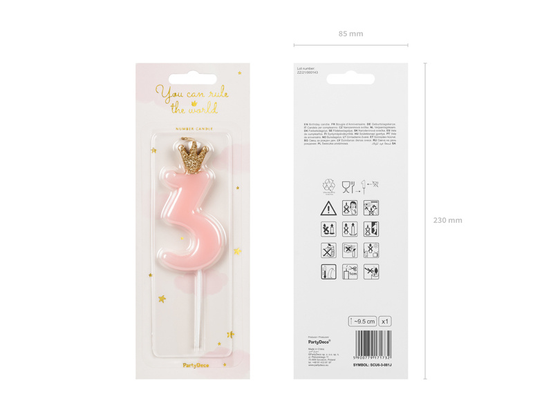 Świeczka cyferka 3 jasny róż na torcie