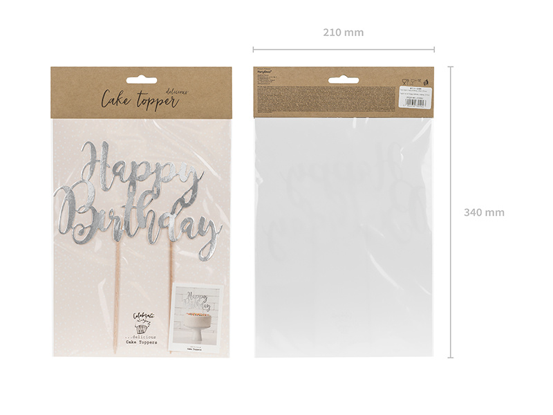 Topper na tort Happy Birthday srebrny z detalami