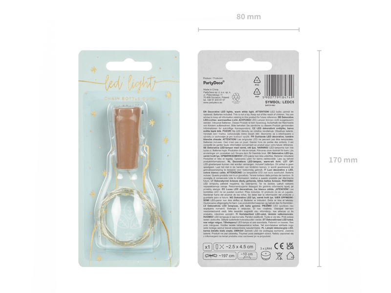 Lampki LED z korkiem do butelki - zbliżenie na przewód i lampki