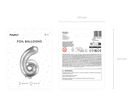 Balon foliowy Cyfra ''6'', 35cm, srebrny