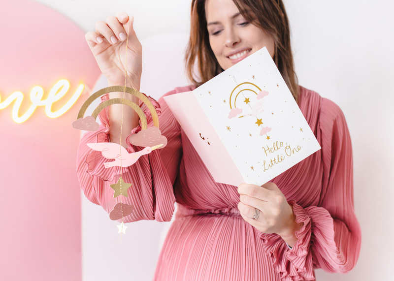 Kartka z zawieszką Bocian jasny różowy - złożona kartka