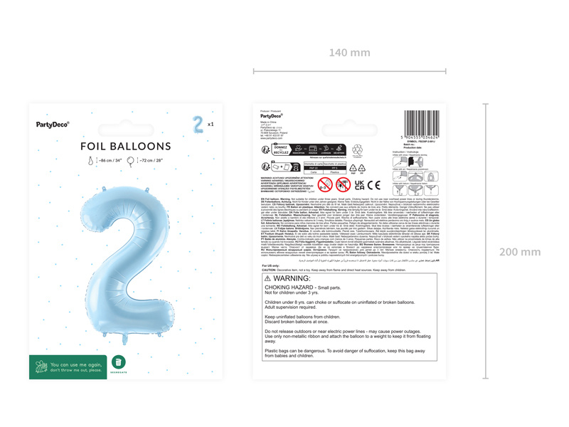 Balon foliowy cyfra 2 napełniony helem