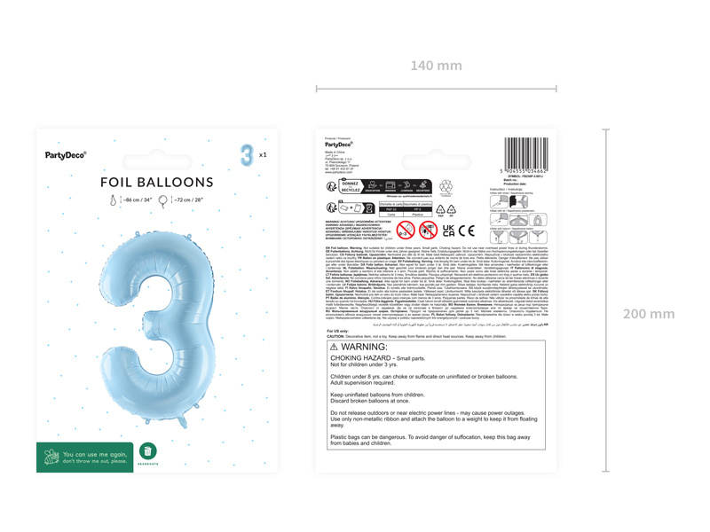 Balon foliowy Cyfra 3 72cm jasny niebieski – detal