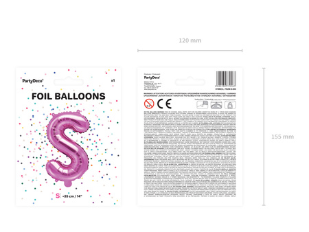 Balon foliowy Litera ''S'', 35cm, ciemny różowy
