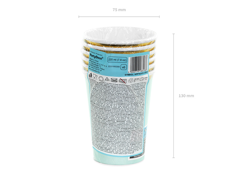 Kubeczki papierowe jasnoniebieskie – detale opakowania i kubków